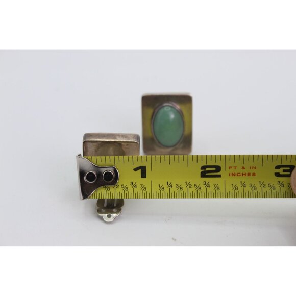 Taxco Sterling Silver Earrings, Green Stone Cabochons, Modernish Square, Clip On - Picture 11 of 11